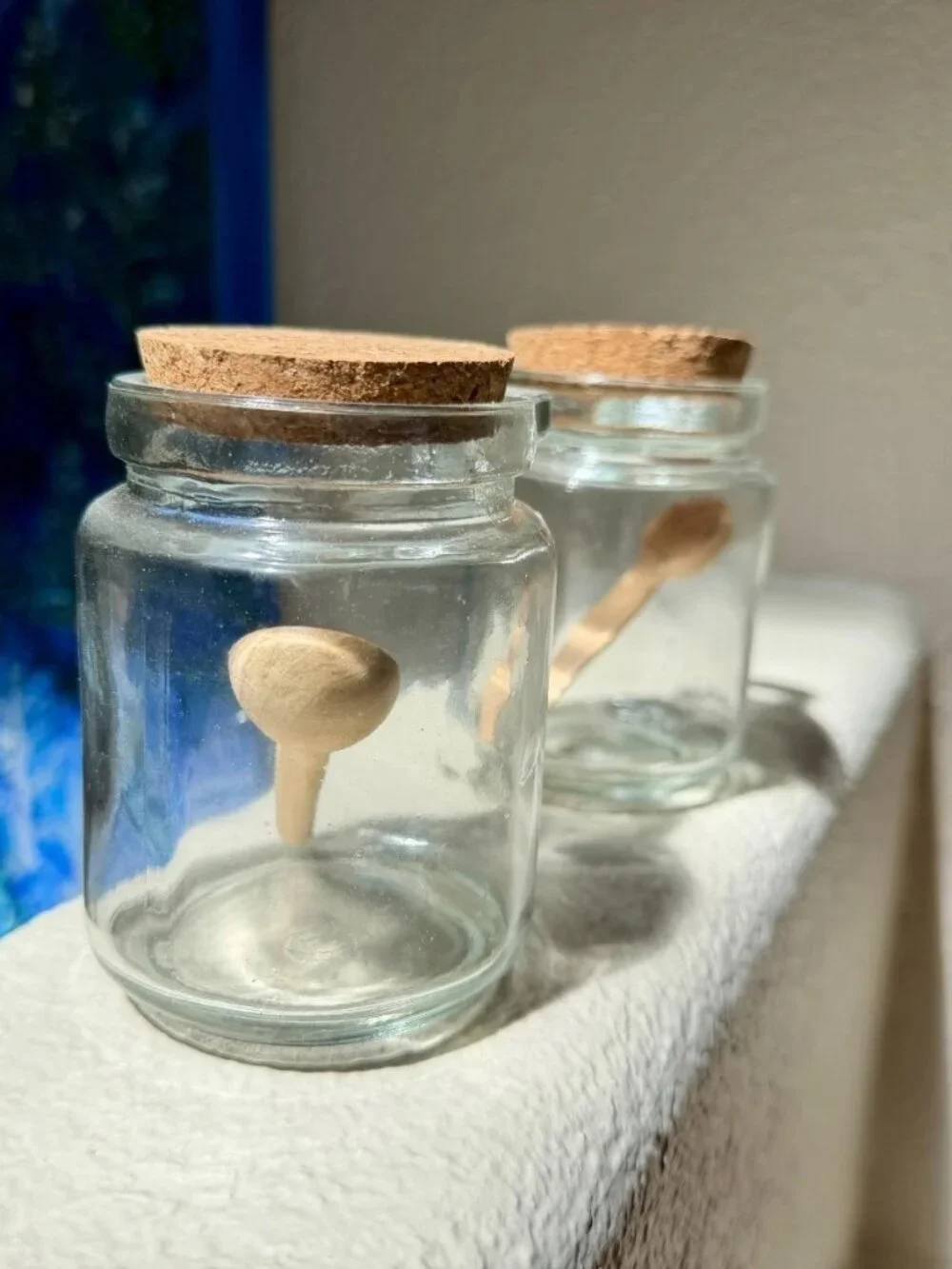 Pair of Glass Jars w Cork Lid & Wood Spoon 11 oz for Apothecary, Spells